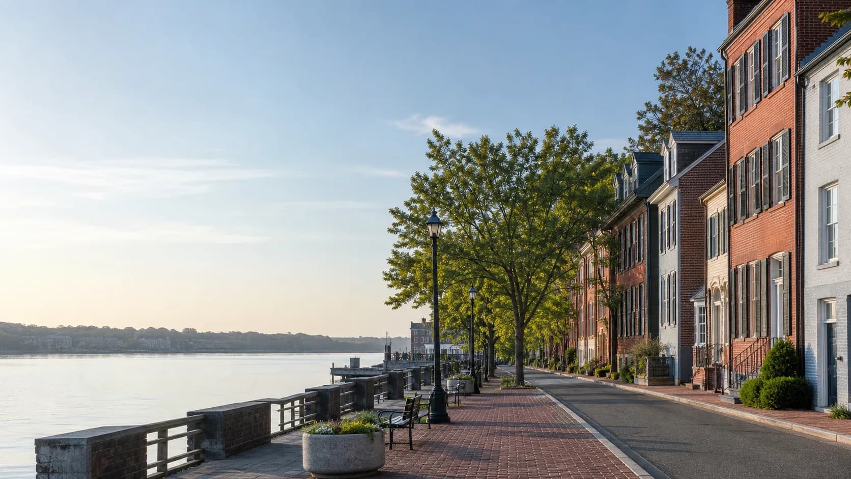 Morning view of a brick-lined street beside the Potomac waterfront in Alexandria, Virginia
