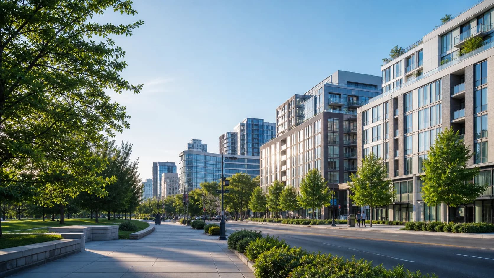Tree-lined modern streetscape representing the Rosslyn-Ballston corridor in Arlington, Virginia