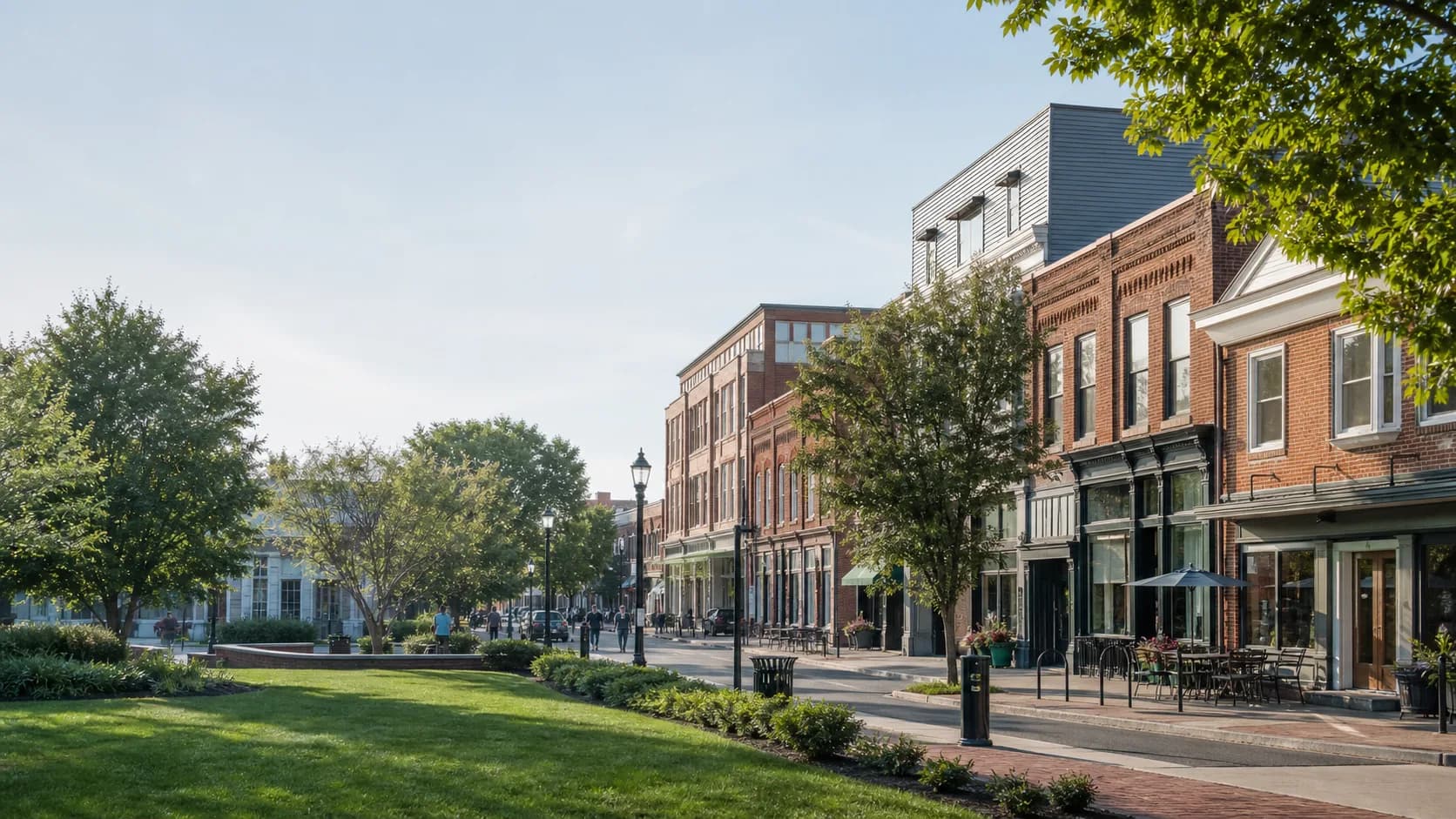 Compact brick downtown and green space representing Falls Church, Virginia