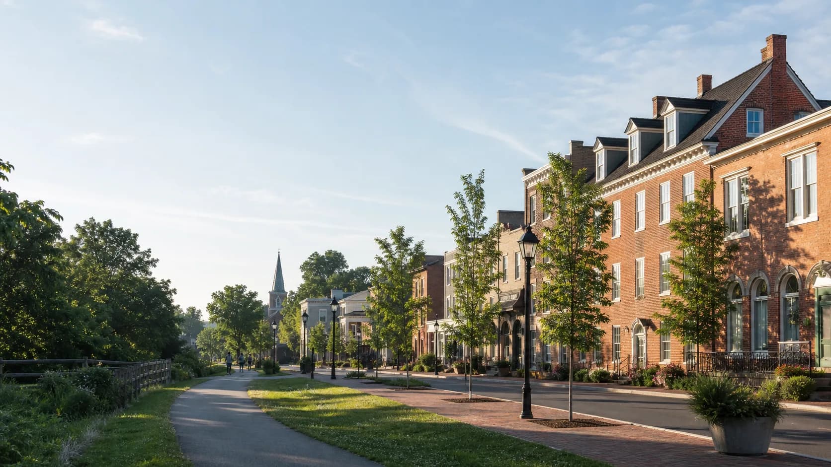 Historic brick streetscape and greenway representing Leesburg, Virginia