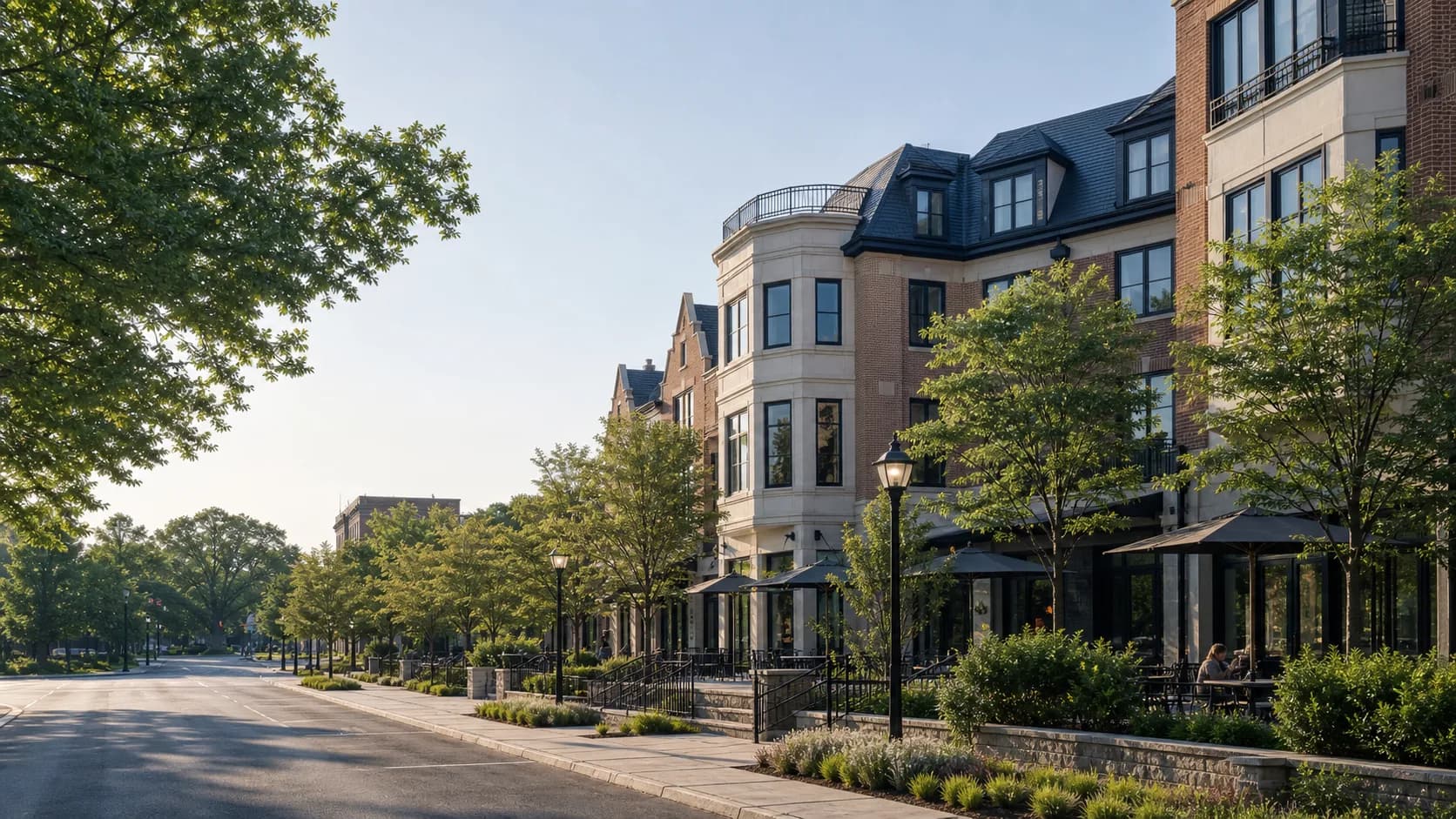 Leafy, understated neighborhood-center streetscape representing McLean, Virginia