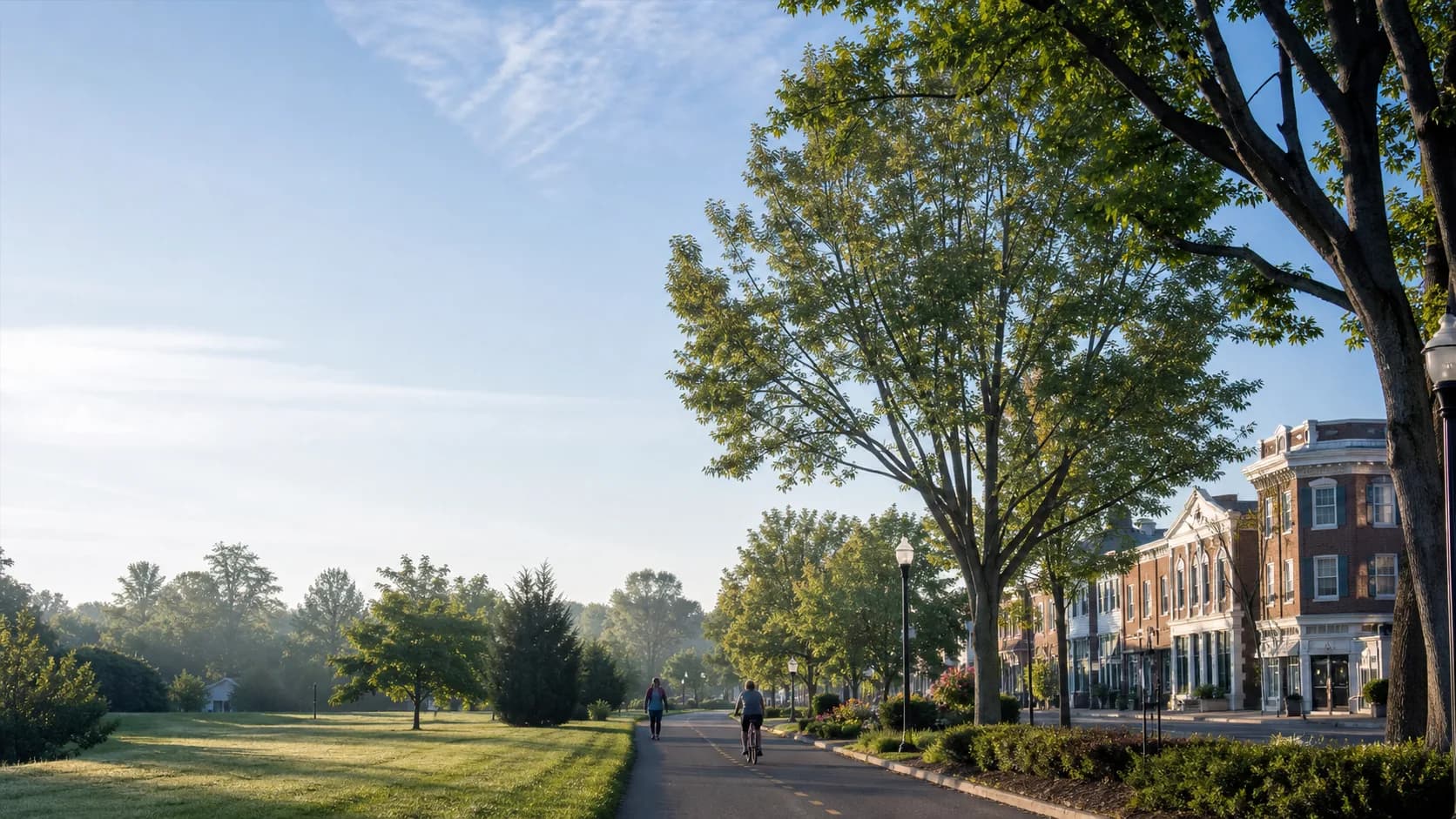 Tree-lined trail and town-center architecture representing Vienna, Virginia